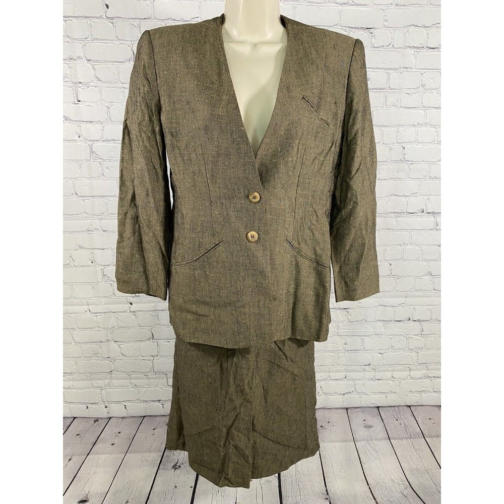 VTG Stirling Cooper Brown Viscose/Linen Skirt Jacket 2 Piece Suit Petite 8/9